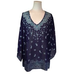 Women's Belle Blue Blouse with Pattern V-Neck - Size XL